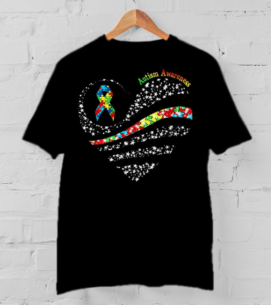 Autism Awareness Heart Puzzle Pieces Ribbon American Flag T-Shirt