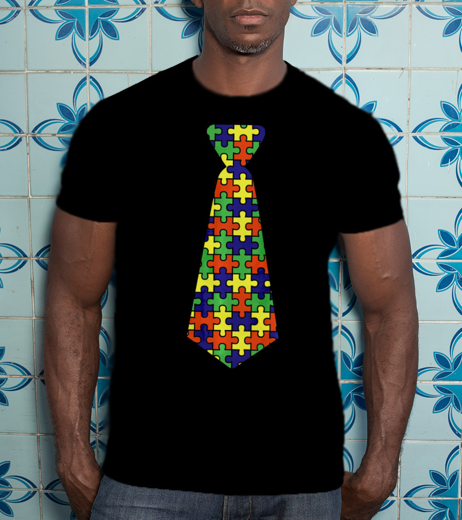 Autism Awareness Puzzle Pattern Neck Tie Support T-Shirt