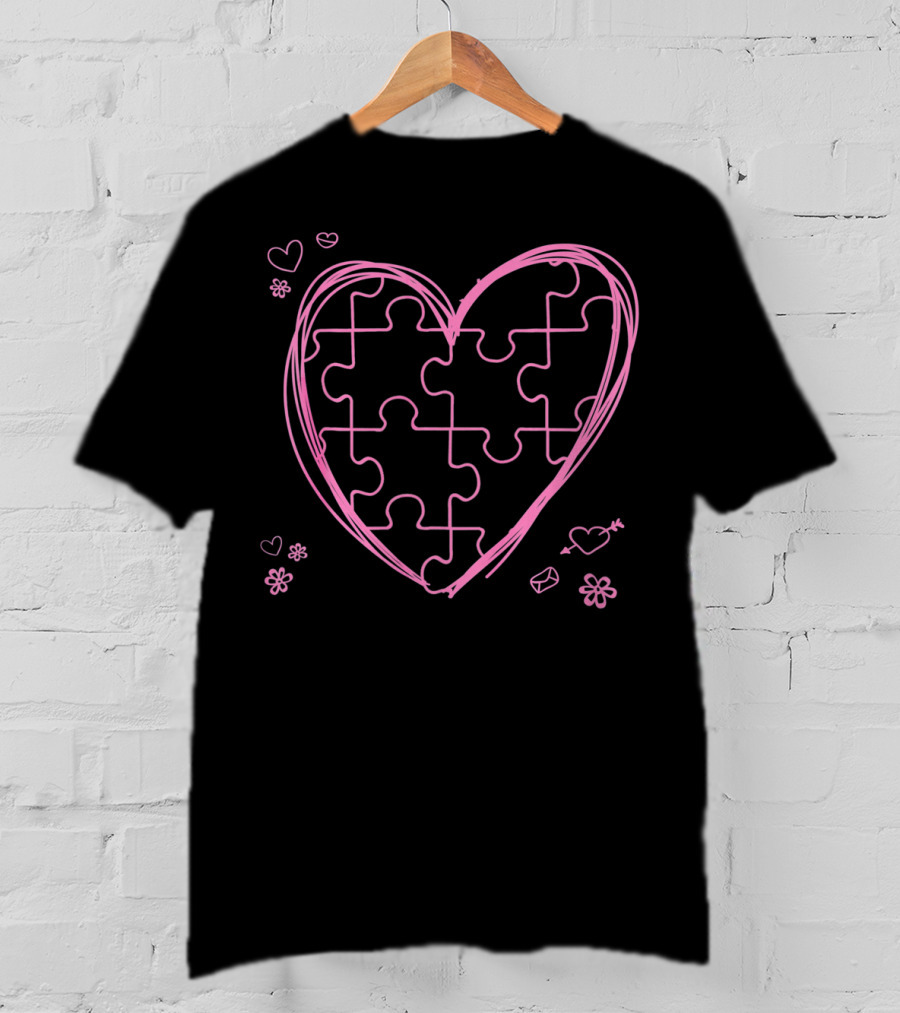 Pink Heart With Puzzle Pieces And Flowers T-Shirt