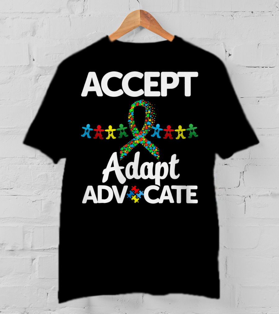 Accept Adapt Advocate Autism Awareness Puzzle Ribbon And Figures T-Shirt
