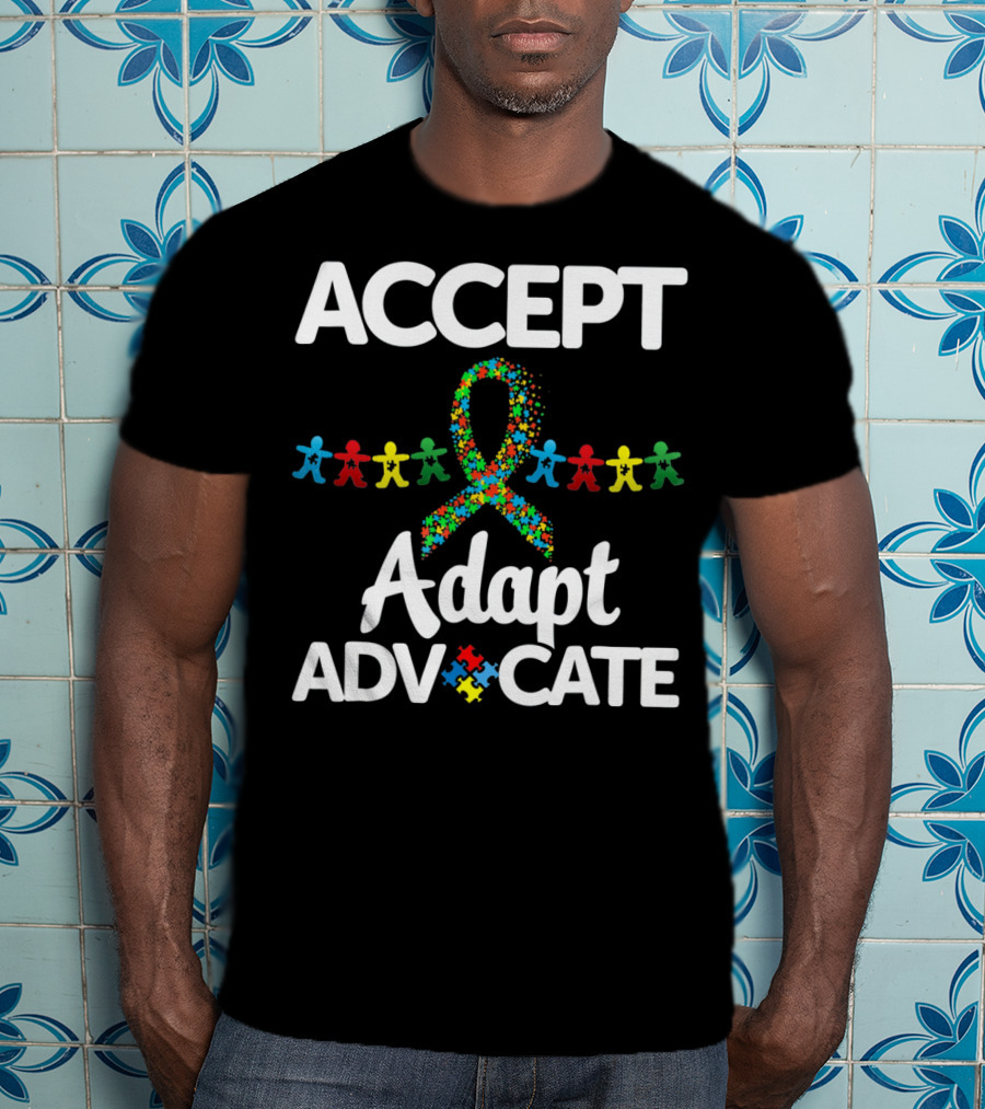 Accept Adapt Advocate Autism Awareness Puzzle Ribbon And Figures T-Shirt