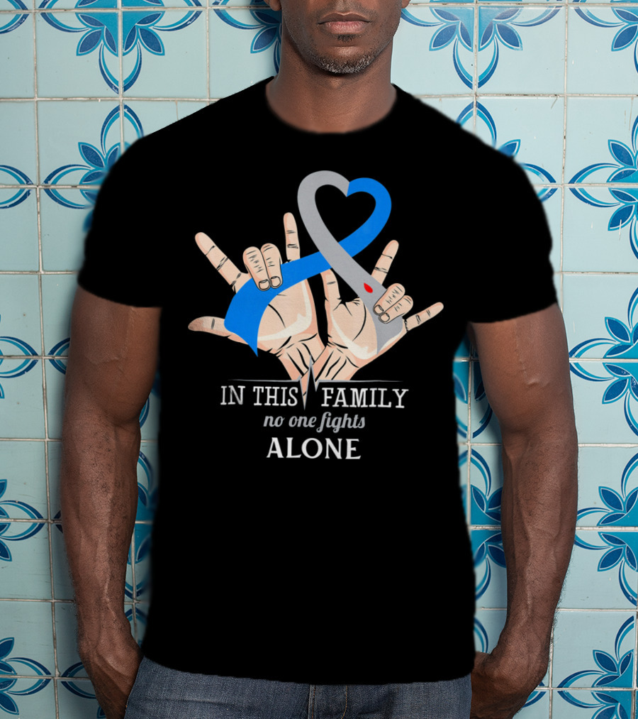 In This Family No One Fights Diabetes Alone Blue Gray Ribbon Hands T-Shirt