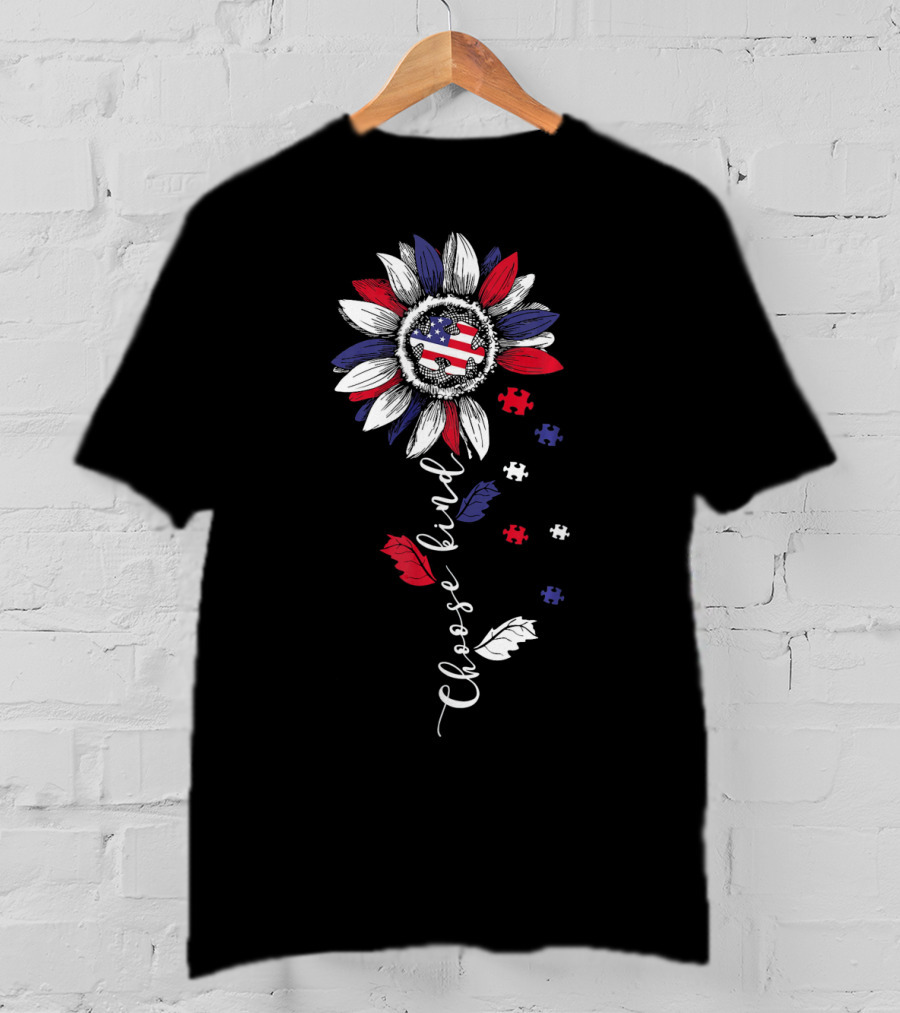 Patriotic Sunflower With Puzzle Pieces And Choose Kind Autism Awareness T-Shirt