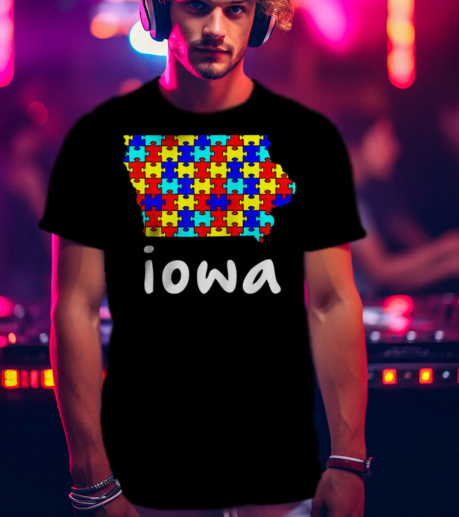 Iowa Puzzle Autism Awareness Ribbon T-Shirt