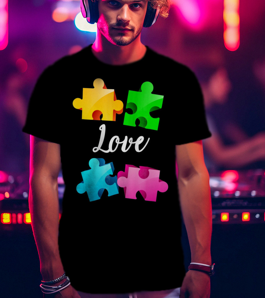 Autism Awareness Love With Colorful Puzzle Pieces T-Shirt