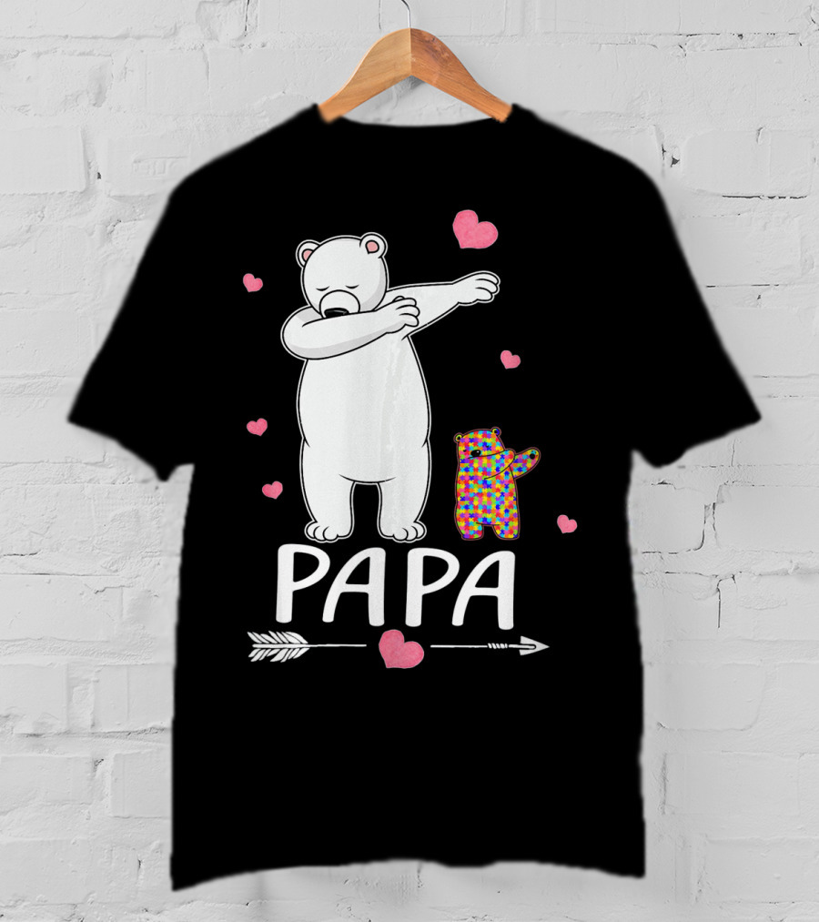 Papa Bear Dabbing With Autism Awareness Puzzle Bear And Hearts T-Shirt