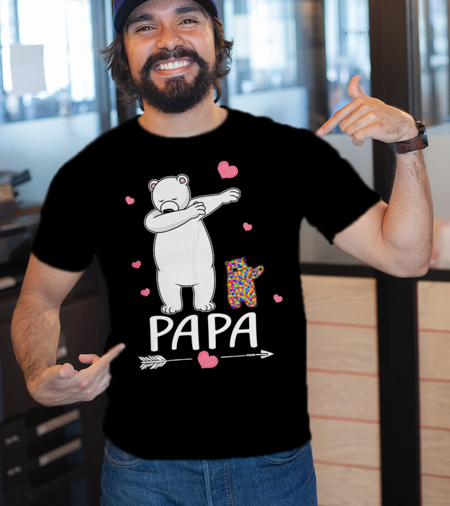Papa Bear Dabbing With Autism Awareness Puzzle Bear And Hearts T-Shirt