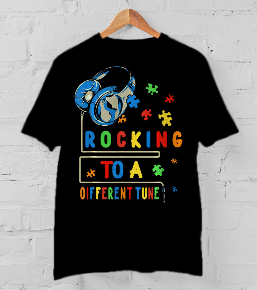 Rocking To A Different Tune Autism Awareness Headphones Puzzle Pieces T-Shirt