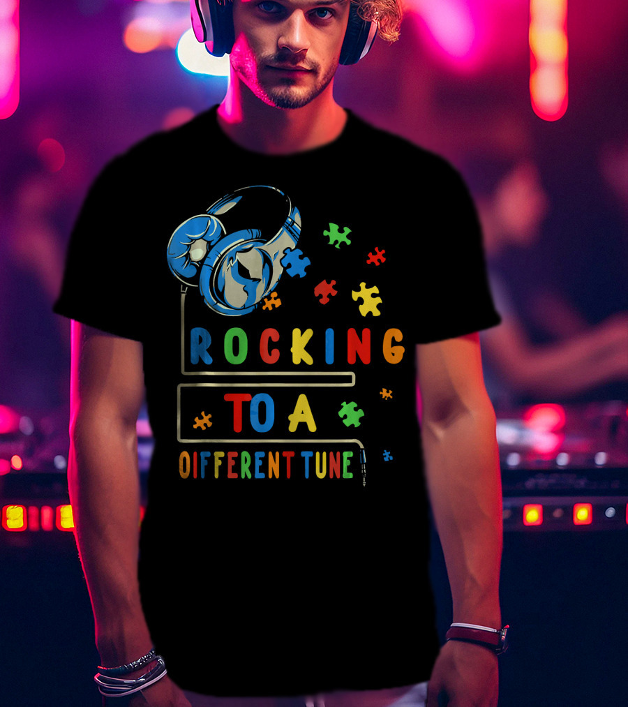 Rocking To A Different Tune Autism Awareness Headphones Puzzle Pieces T-Shirt