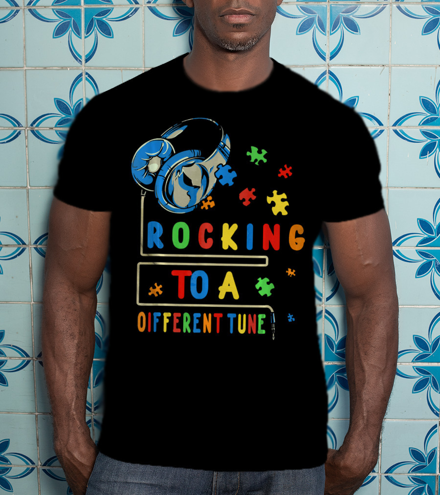 Rocking To A Different Tune Autism Awareness Headphones Puzzle Pieces T-Shirt