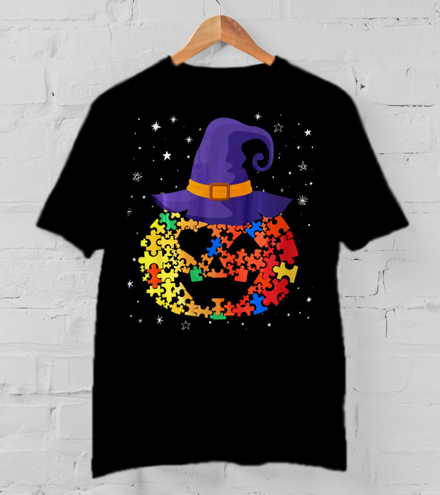 Pumpkin Autism Awareness Halloween Witch Hat Puzzle Piece T-Shirt