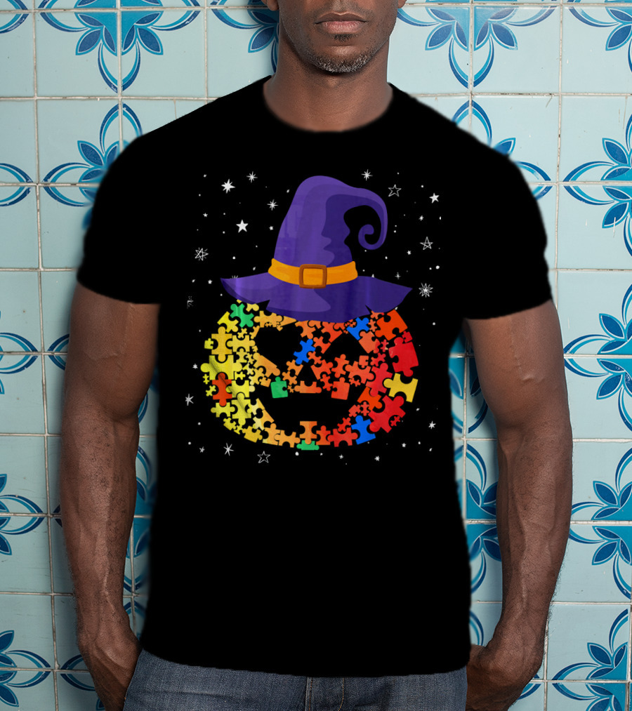 Pumpkin Autism Awareness Halloween Witch Hat Puzzle Piece T-Shirt