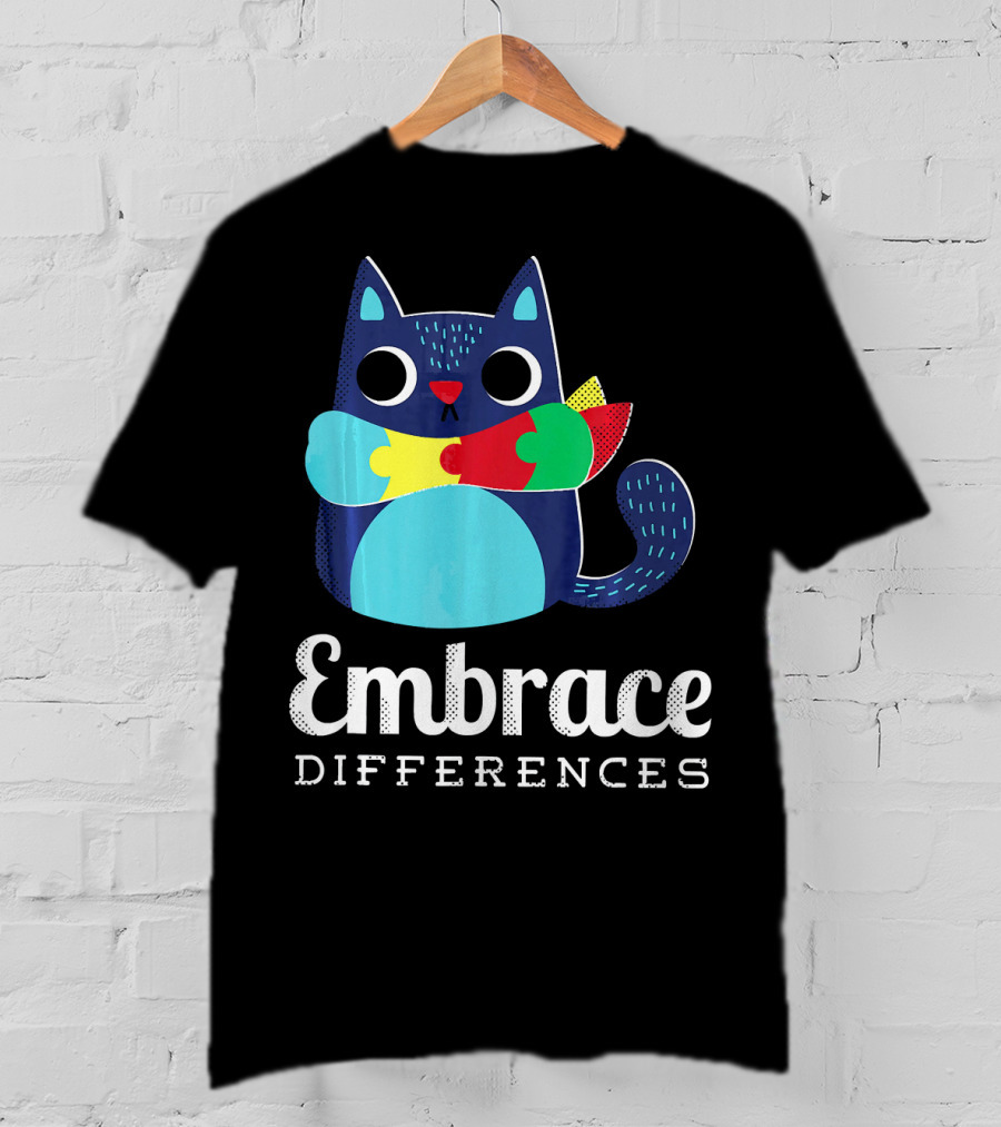 Embrace Differences Autism Support Awareness Puzzle Cat T-Shirt