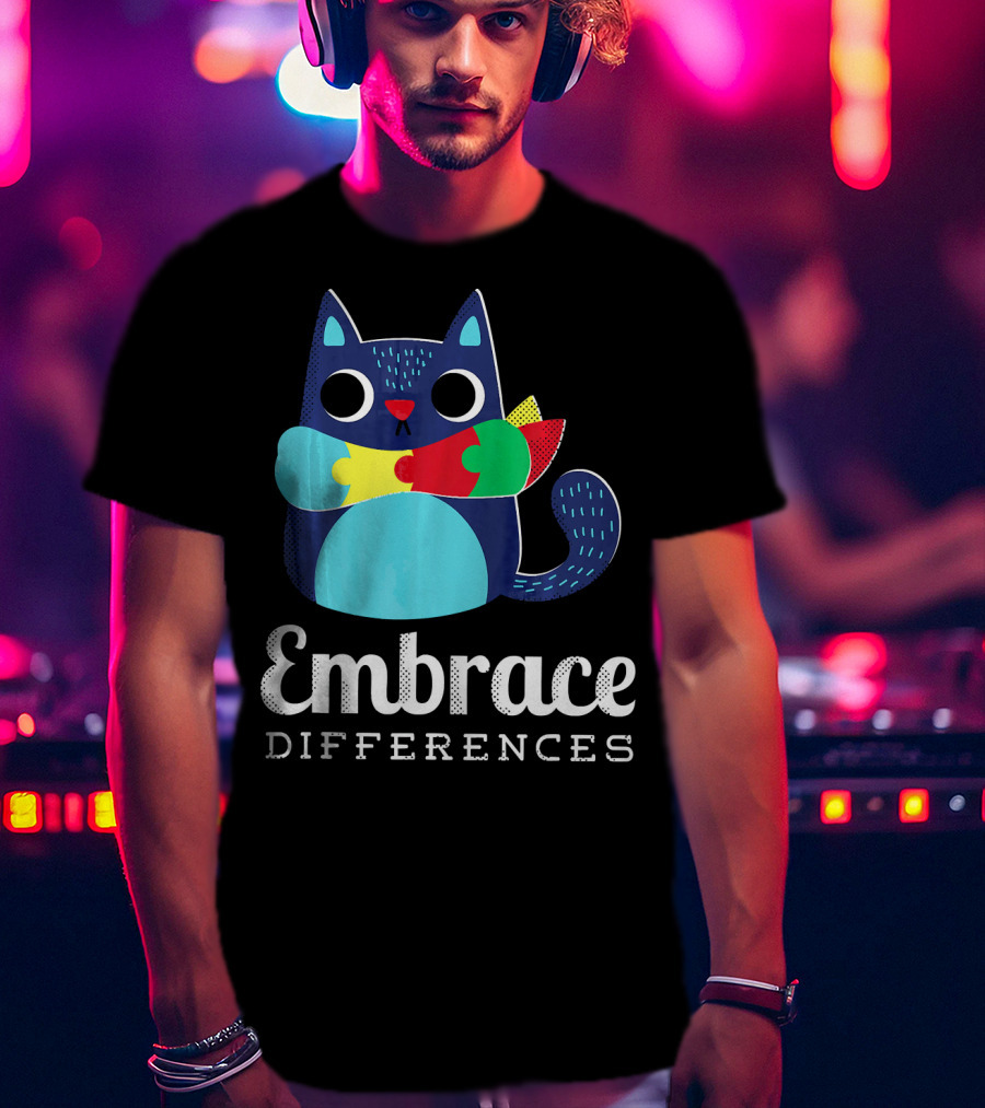 Embrace Differences Autism Support Awareness Puzzle Cat T-Shirt