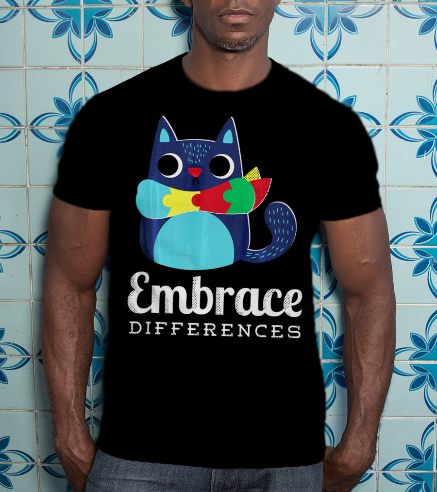 Embrace Differences Autism Support Awareness Puzzle Cat T-Shirt