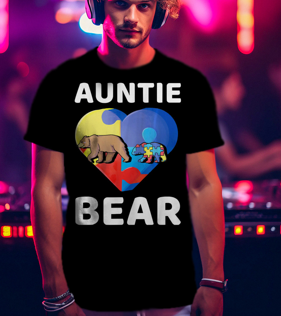 Auntie Bear Heart Puzzle Autism Awareness T-Shirt