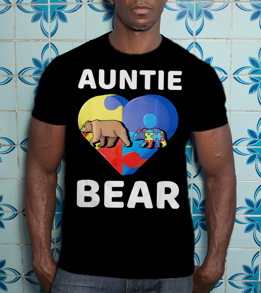 Auntie Bear Heart Puzzle Autism Awareness T-Shirt