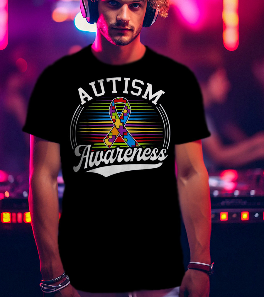 Autism Awareness Puzzle Ribbon With Colorful Lines T-Shirt