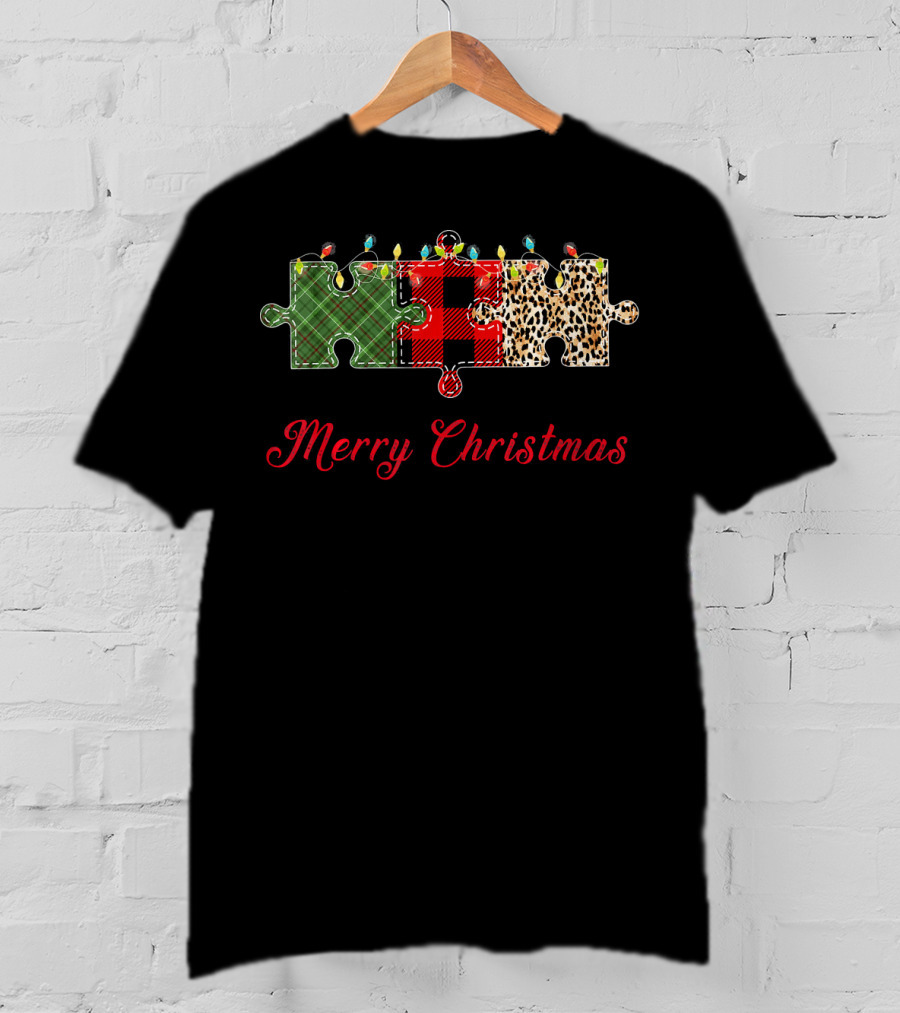 Merry Christmas Buffalo Plaid Leopard Puzzle Lights T-Shirt