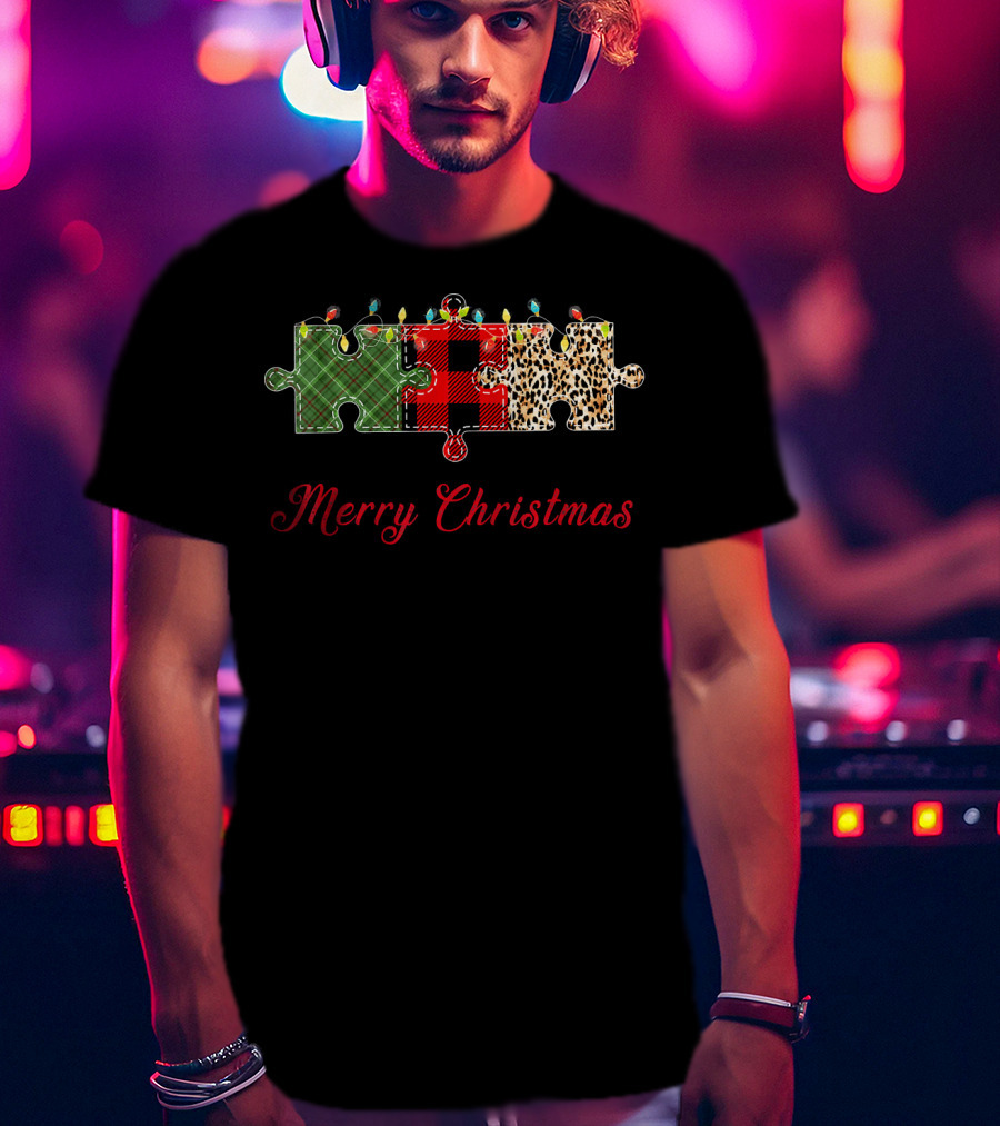 Merry Christmas Buffalo Plaid Leopard Puzzle Lights T-Shirt