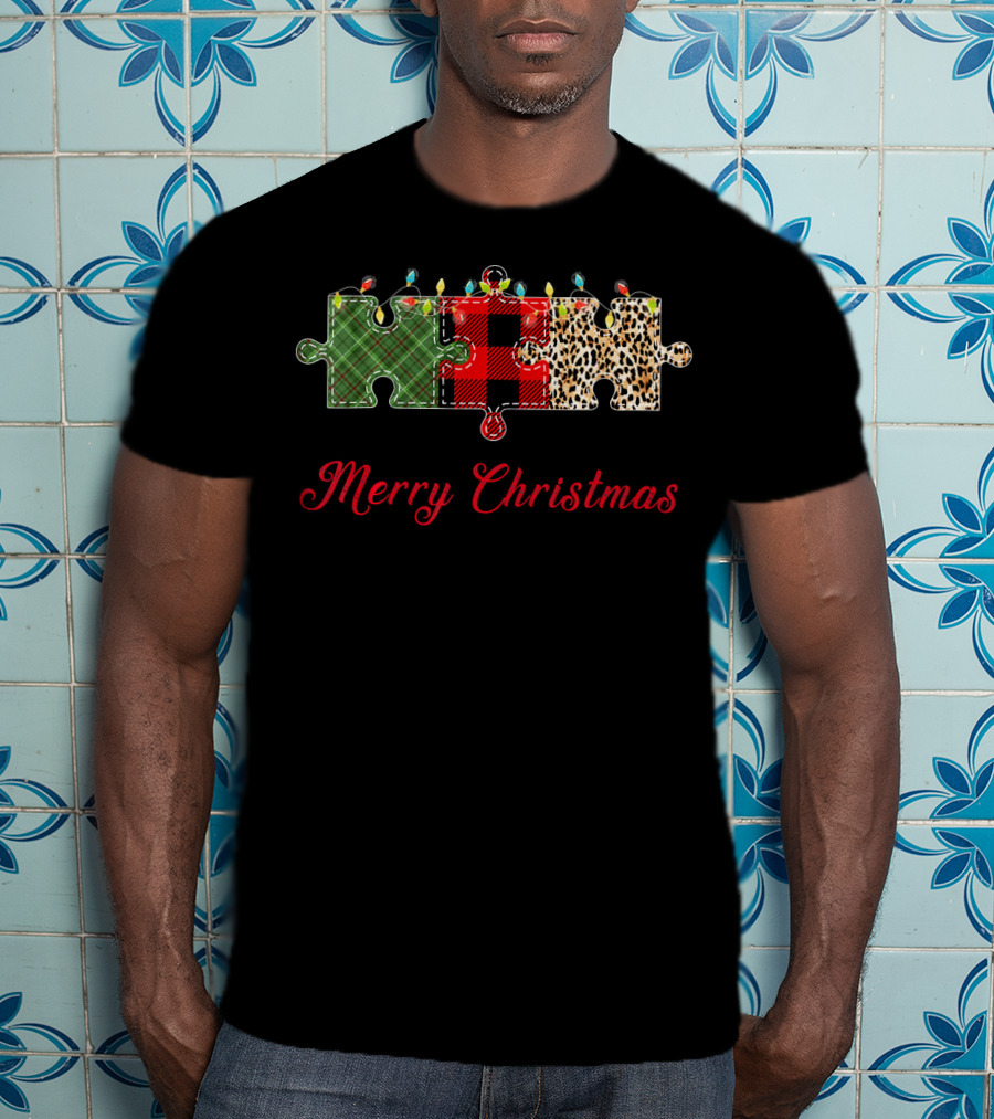 Merry Christmas Buffalo Plaid Leopard Puzzle Lights T-Shirt