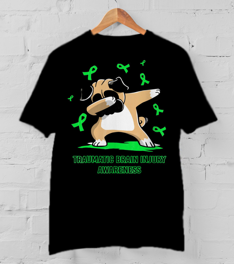 Traumatic Brain Injury Awareness Dabbing Pug Dog With Green Ribbons T-Shirt