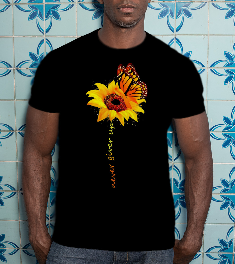 Never Give Up Multiple Sclerosis Awareness Butterfly Sunflower T-Shirt