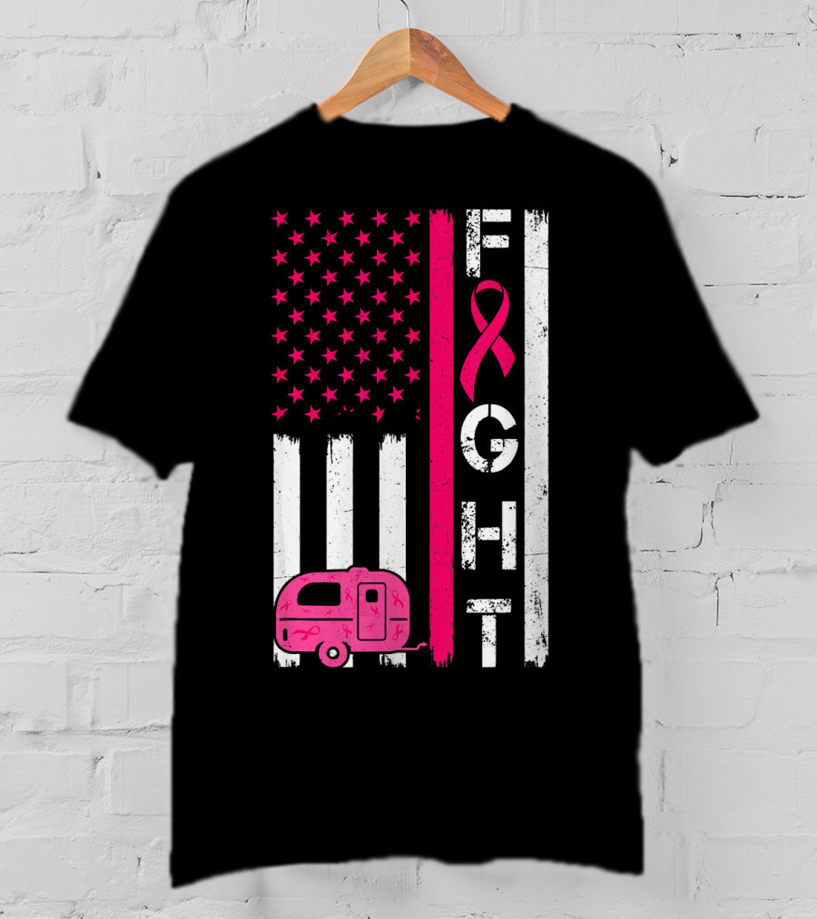 Fight Cancer Ribbon Camping Van American Flag T-Shirt
