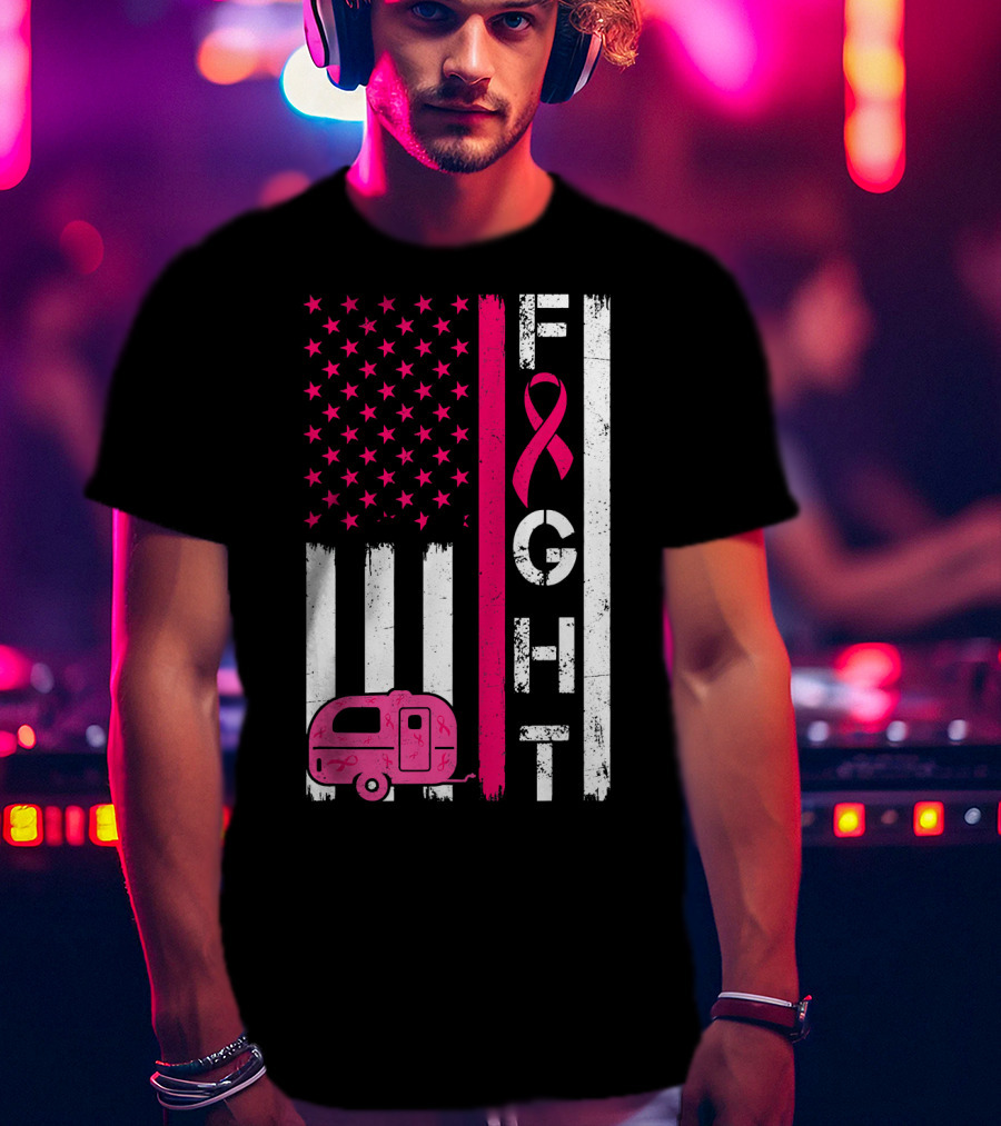 Fight Cancer Ribbon Camping Van American Flag T-Shirt