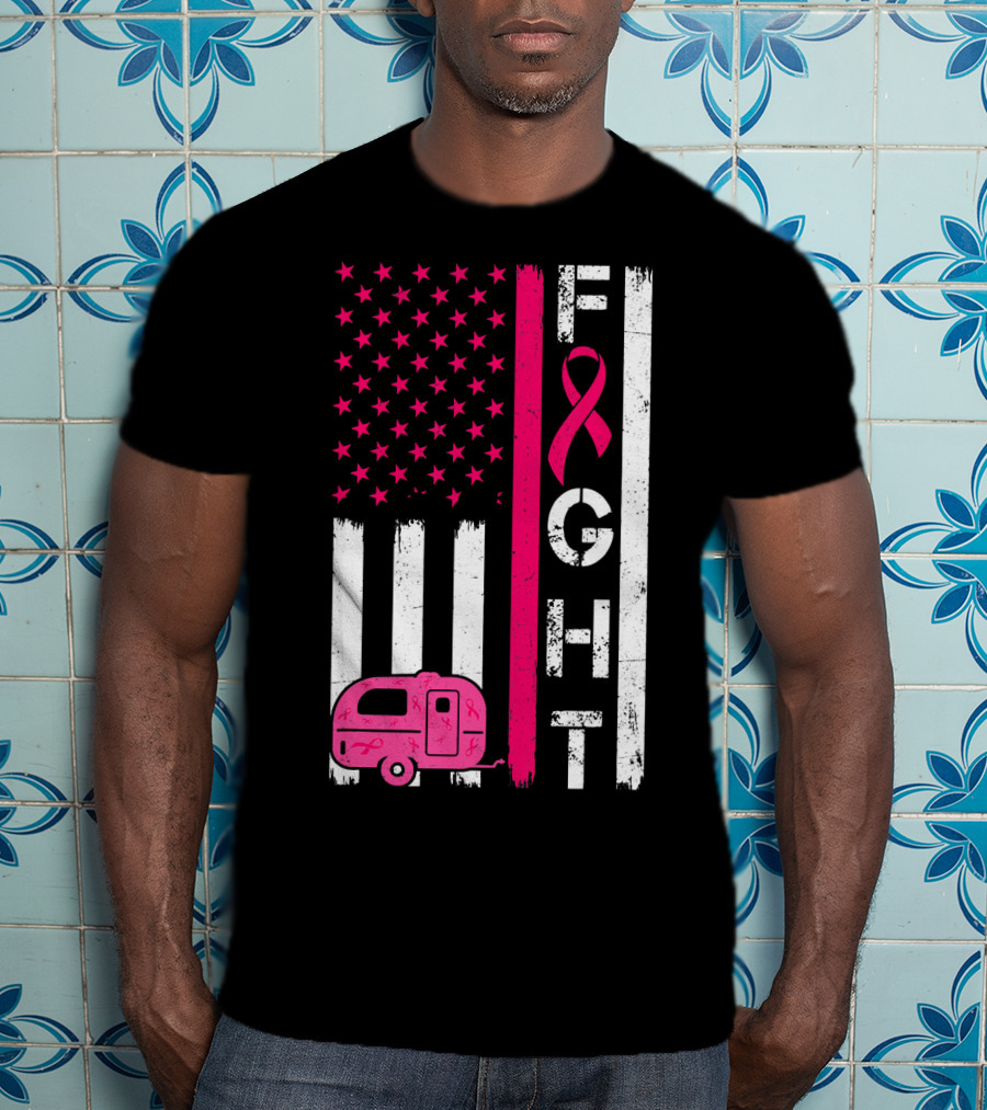 Fight Cancer Ribbon Camping Van American Flag T-Shirt