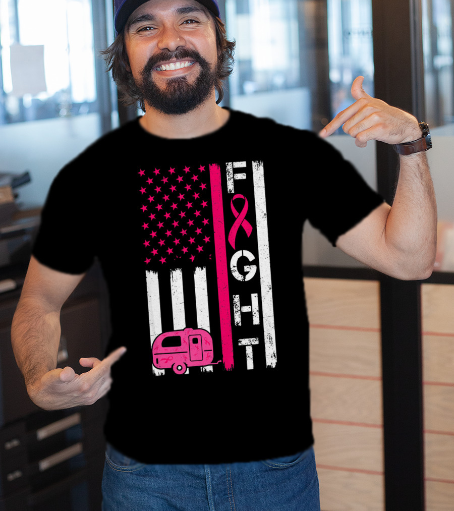 Fight Cancer Ribbon Camping Van American Flag T-Shirt