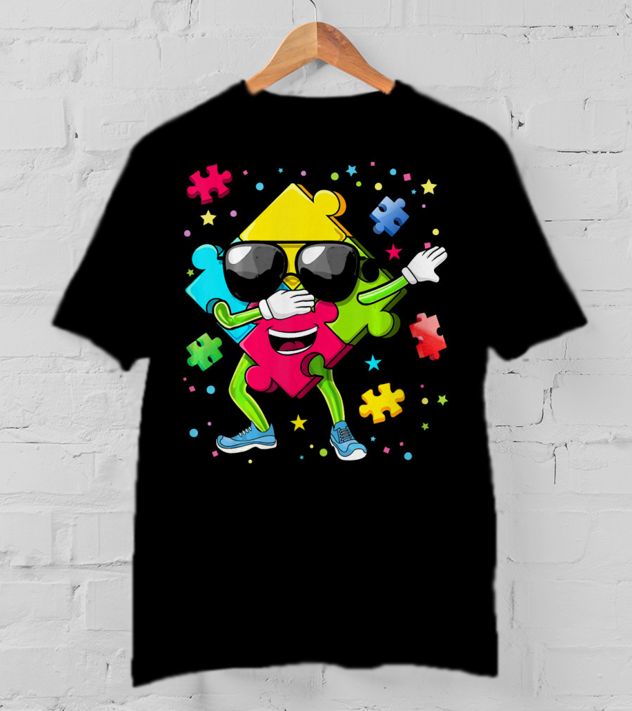 Dabbing Puzzle Piece Funny Autism Awareness Colorful T-Shirt
