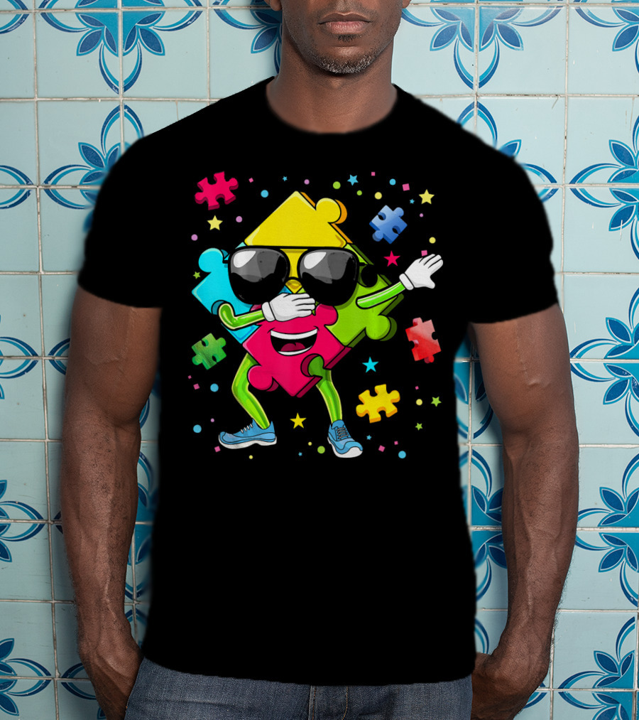 Dabbing Puzzle Piece Funny Autism Awareness Colorful T-Shirt