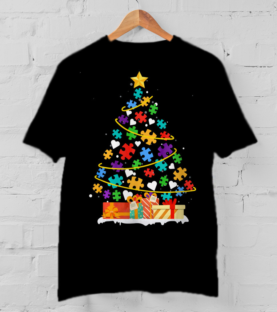 Autism Awareness Puzzle Piece Christmas Tree With Gifts And Hearts T-Shirt