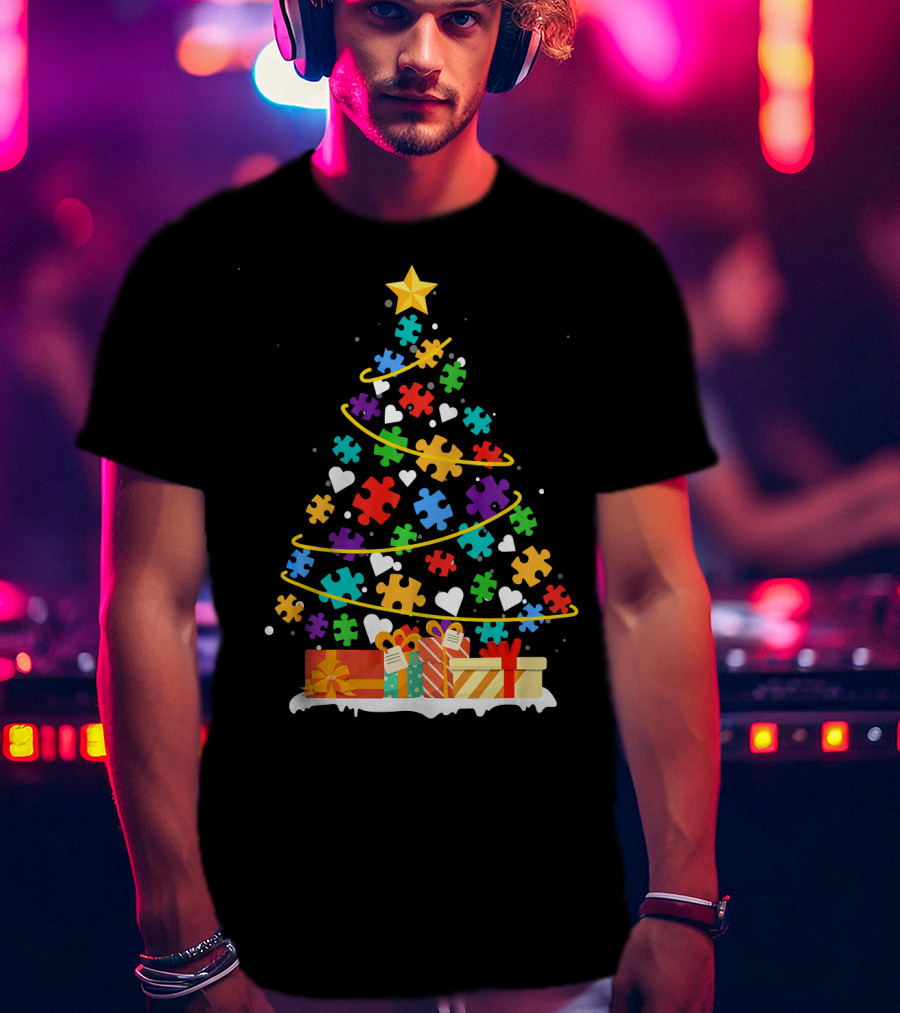 Autism Awareness Puzzle Piece Christmas Tree With Gifts And Hearts T-Shirt