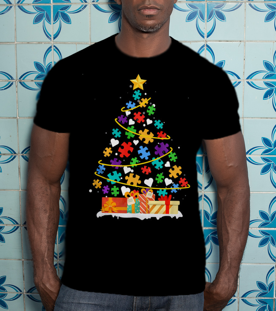 Autism Awareness Puzzle Piece Christmas Tree With Gifts And Hearts T-Shirt
