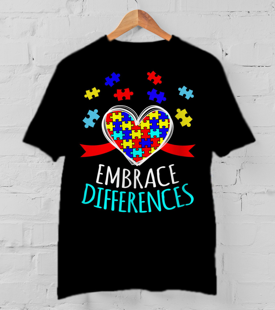 Embrace Differences Autism Awareness Heart Puzzle Pieces T-Shirt