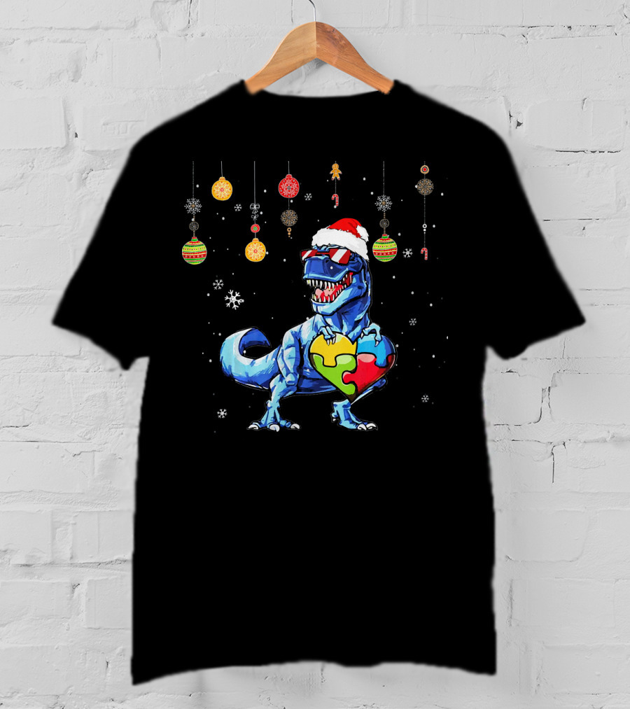 Christmas Dinosaur With Puzzle Heart And Santa Hat T-Shirt