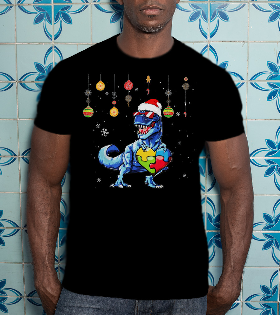 Christmas Dinosaur With Puzzle Heart And Santa Hat T-Shirt