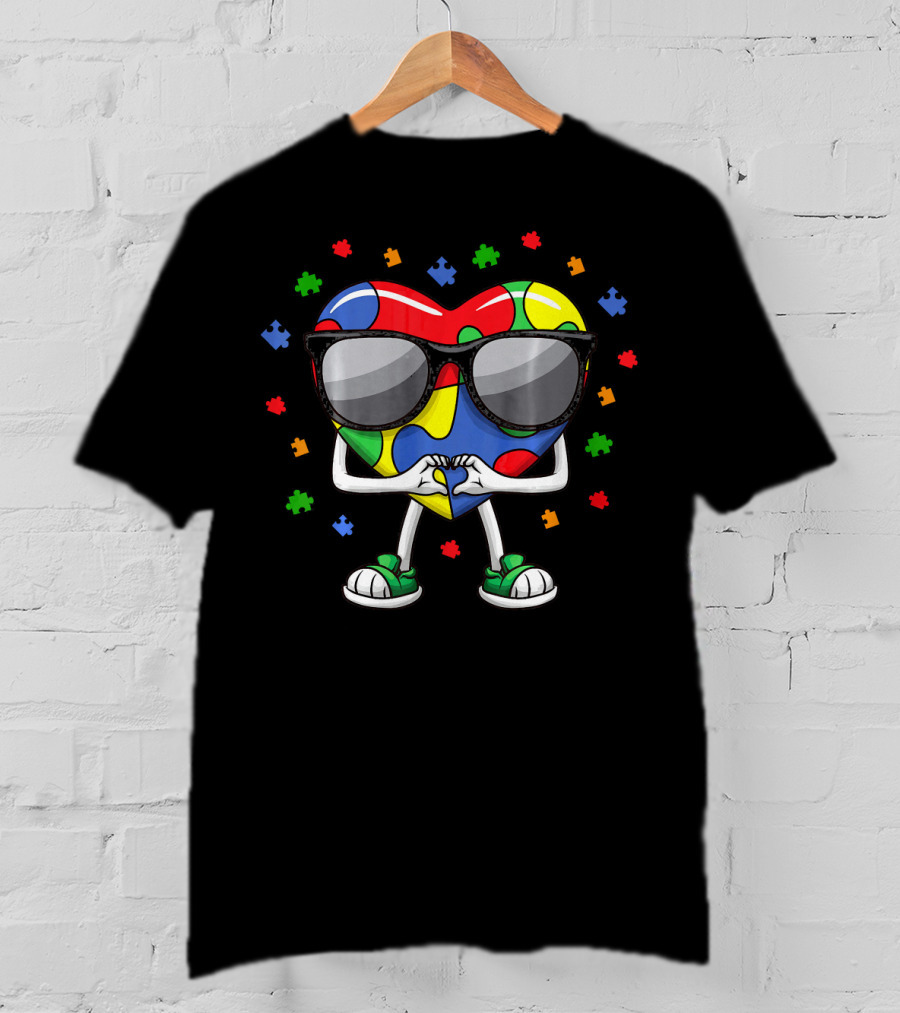 Autism Awareness Month Colorful Puzzle Heart With Sunglasses And Love Gesture T-Shirt