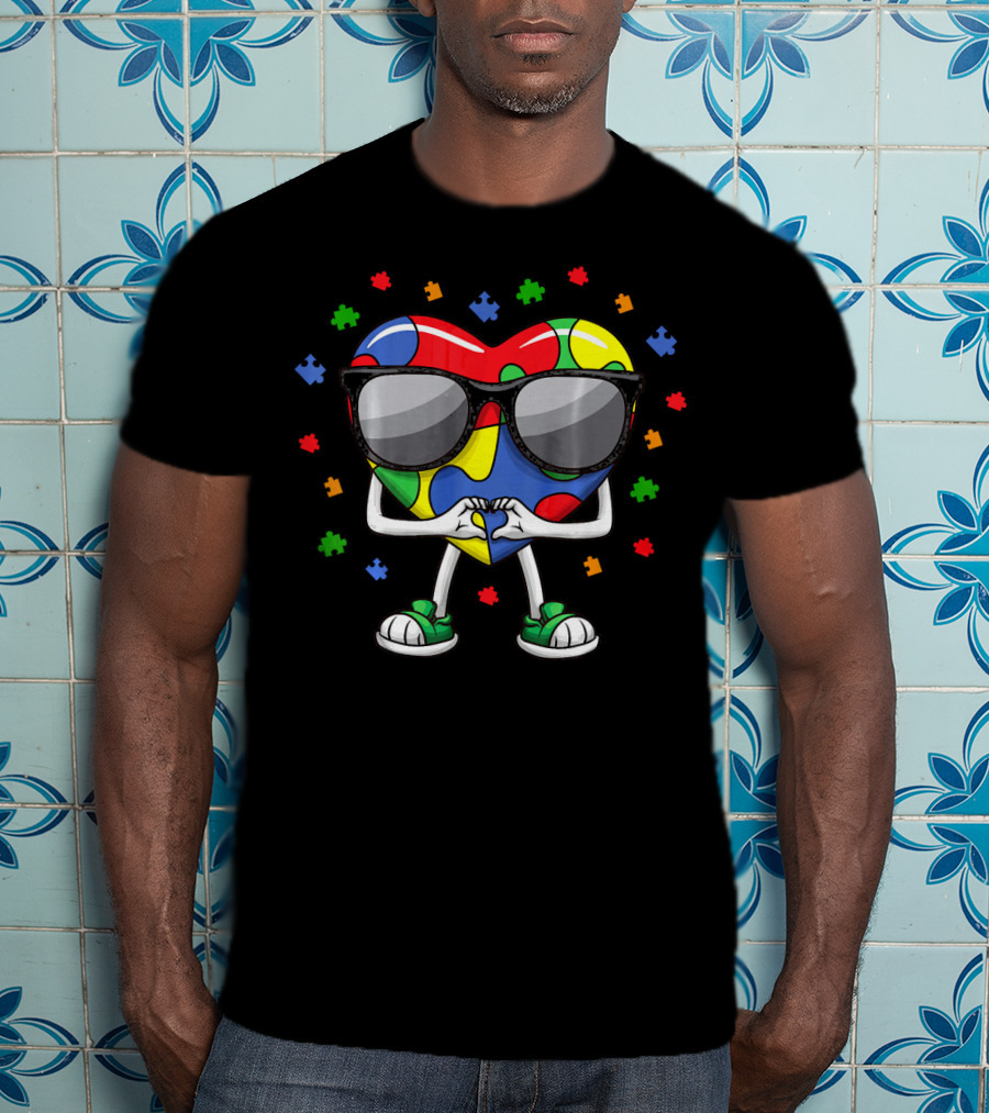 Autism Awareness Month Colorful Puzzle Heart With Sunglasses And Love Gesture T-Shirt