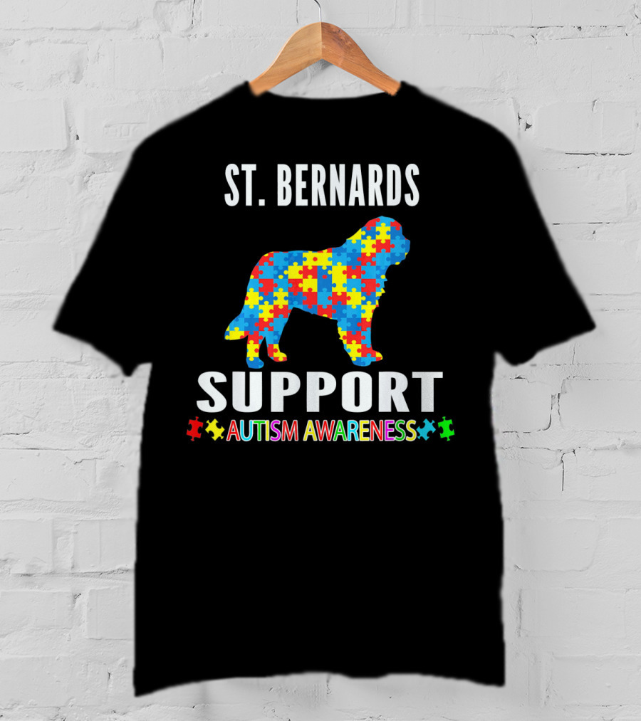 St. Bernards Support Autism Awareness Puzzle Piece Dog T-Shirt