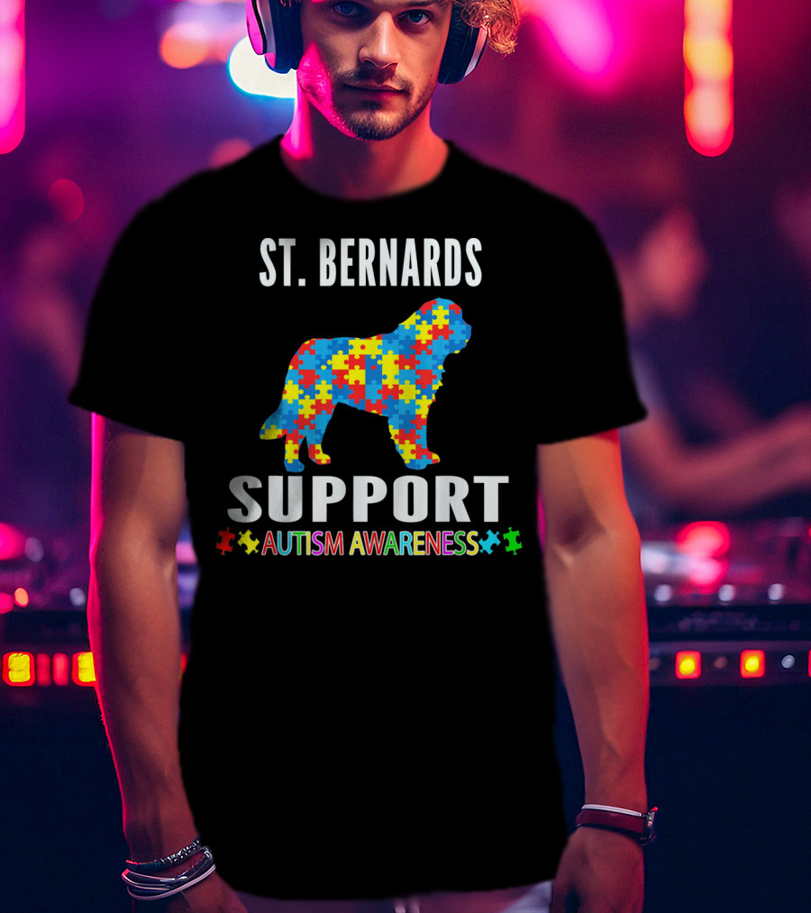 St. Bernards Support Autism Awareness Puzzle Piece Dog T-Shirt
