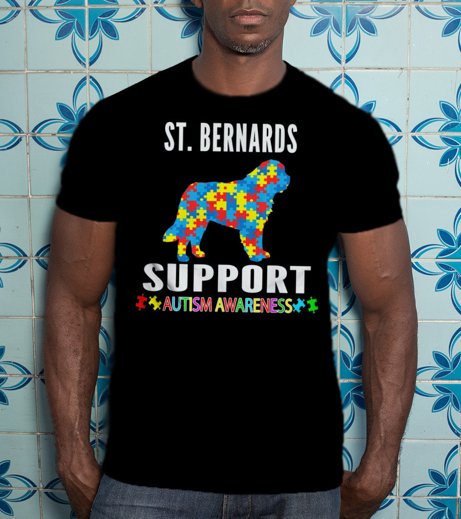 St. Bernards Support Autism Awareness Puzzle Piece Dog T-Shirt