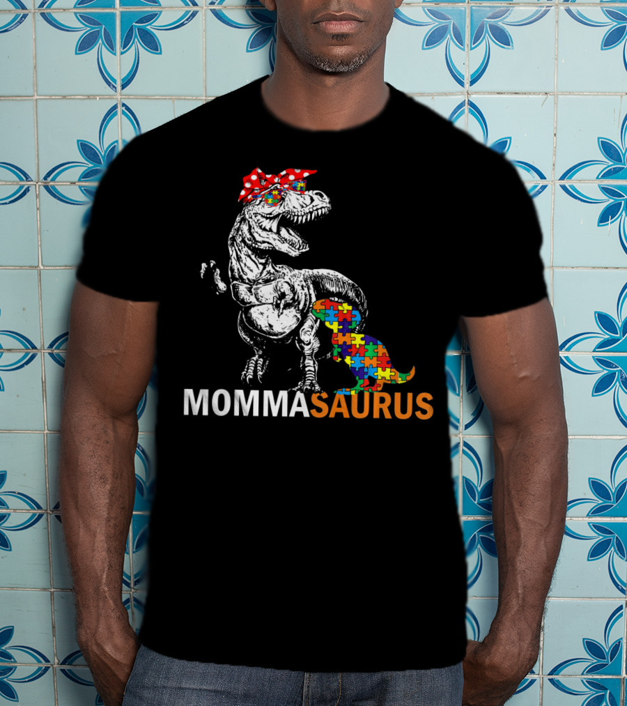 Momma Saurus Dinosaur With Autism Puzzle T-Shirt