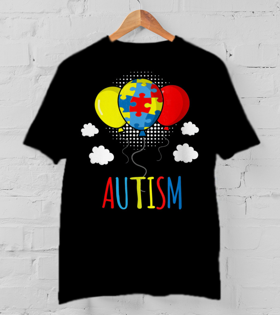 Autism Awareness Puzzle Piece Balloons With Colorful Clouds T-Shirt