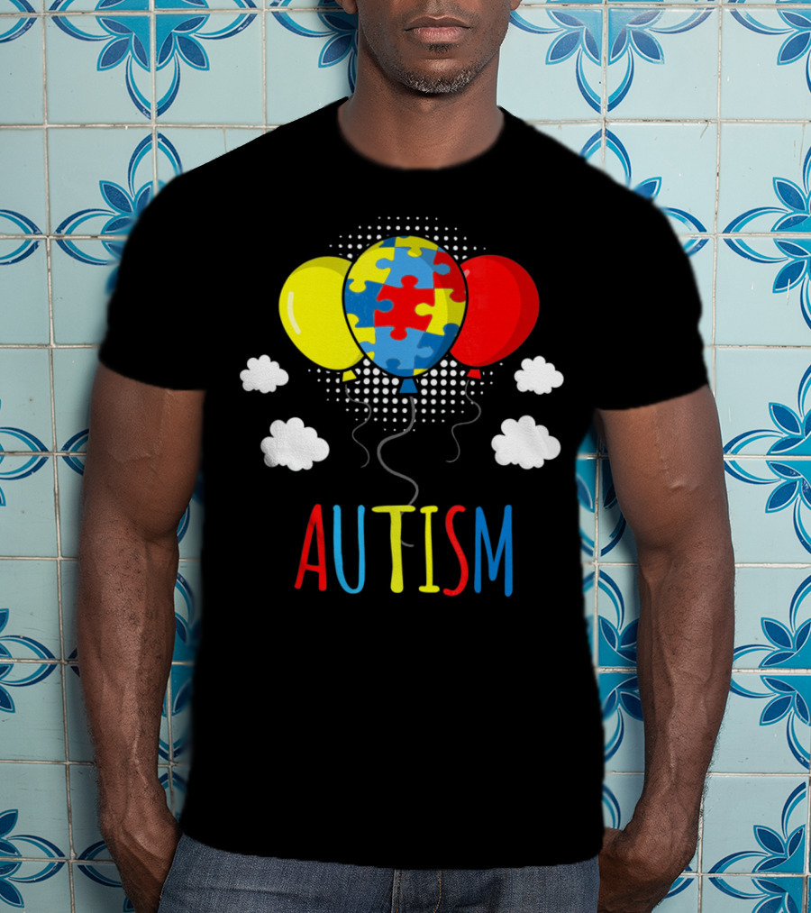 Autism Awareness Puzzle Piece Balloons With Colorful Clouds T-Shirt