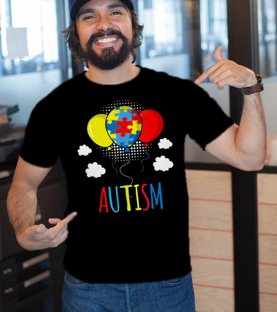 Autism Awareness Puzzle Piece Balloons With Colorful Clouds T-Shirt