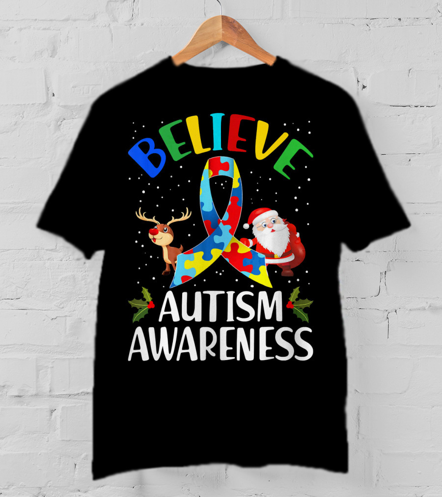 Believe Autism Awareness Santa Reindeer Puzzle Christmas T-Shirt