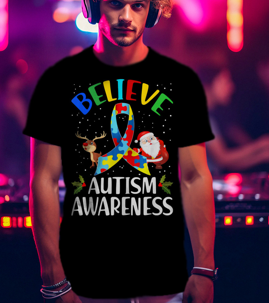 Believe Autism Awareness Santa Reindeer Puzzle Christmas T-Shirt